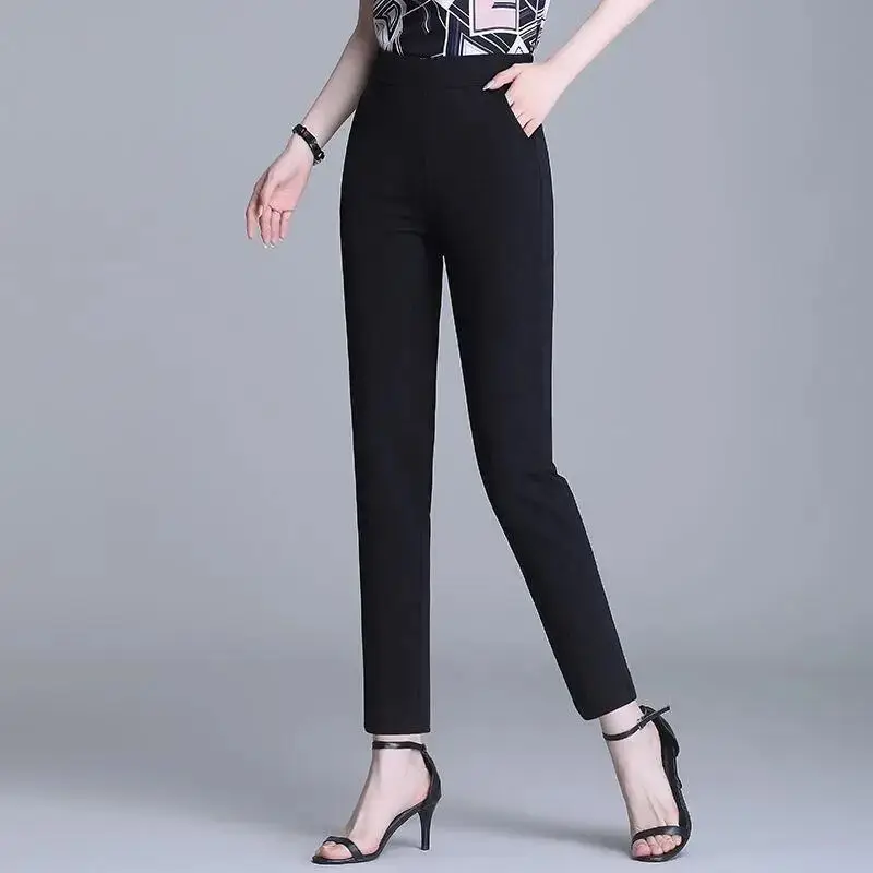 Pantalon crayon taille haute élastique pour femme, mode coréenne, printemps, été, mince, taille haute, poches solides, nouveau, droit, fjl