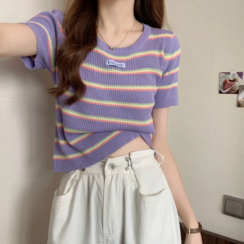 Summer New Thin Slim Striped Ice Silk T Shirts Short Sleeve O-neck All-match Youth Sweet Tops Y2K Fashion Casual Women Clothing