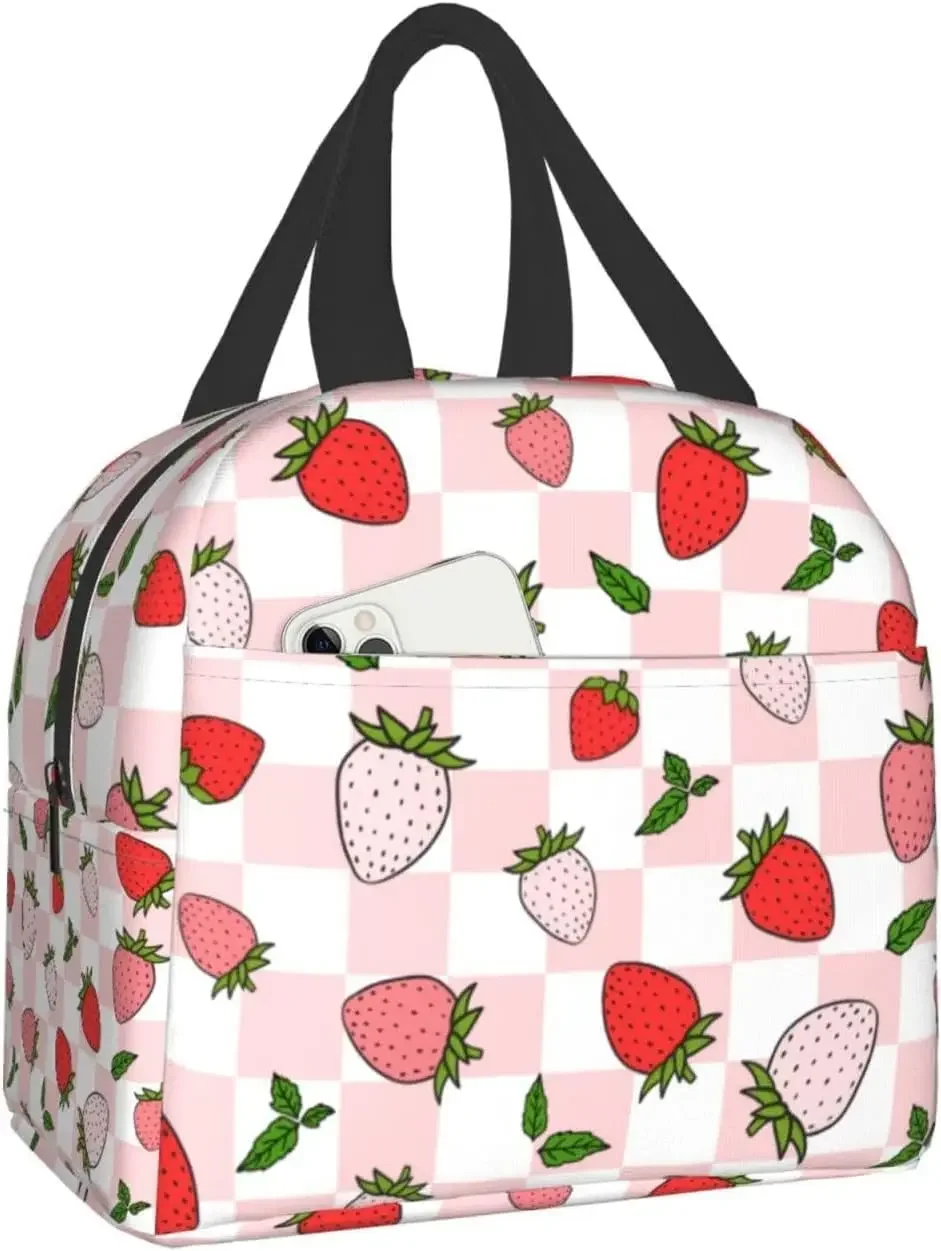 Strawberry Insuated Lunch Bag for Women Kawaii Strawberry Print Bags Cute Pink Plaid Reusable Lunch Box for Picnic Beach Office