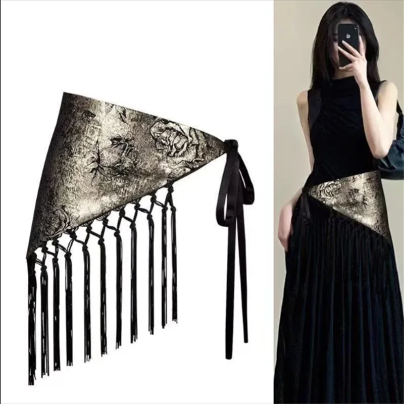 ผ้าพันคอสามเหลี่ยมสำหรับผู้หญิง สายคาดเอวสไตล์ชาติพันธุ์ ลายพิมพ์ตกแต่ง ผ้าฝ้าย เครื่องประดับคาดเอว พู่ห้อยประดับ