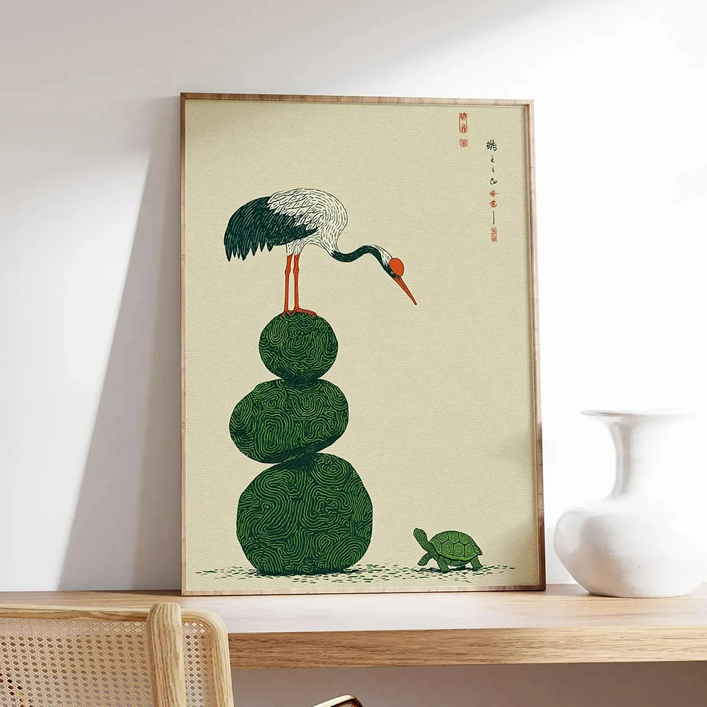 

Crane and Turtle Wall Art Print Oil Painting Poster Abstract Japanese Symbolism Pictures Minimal Nature Illustration Home Decor