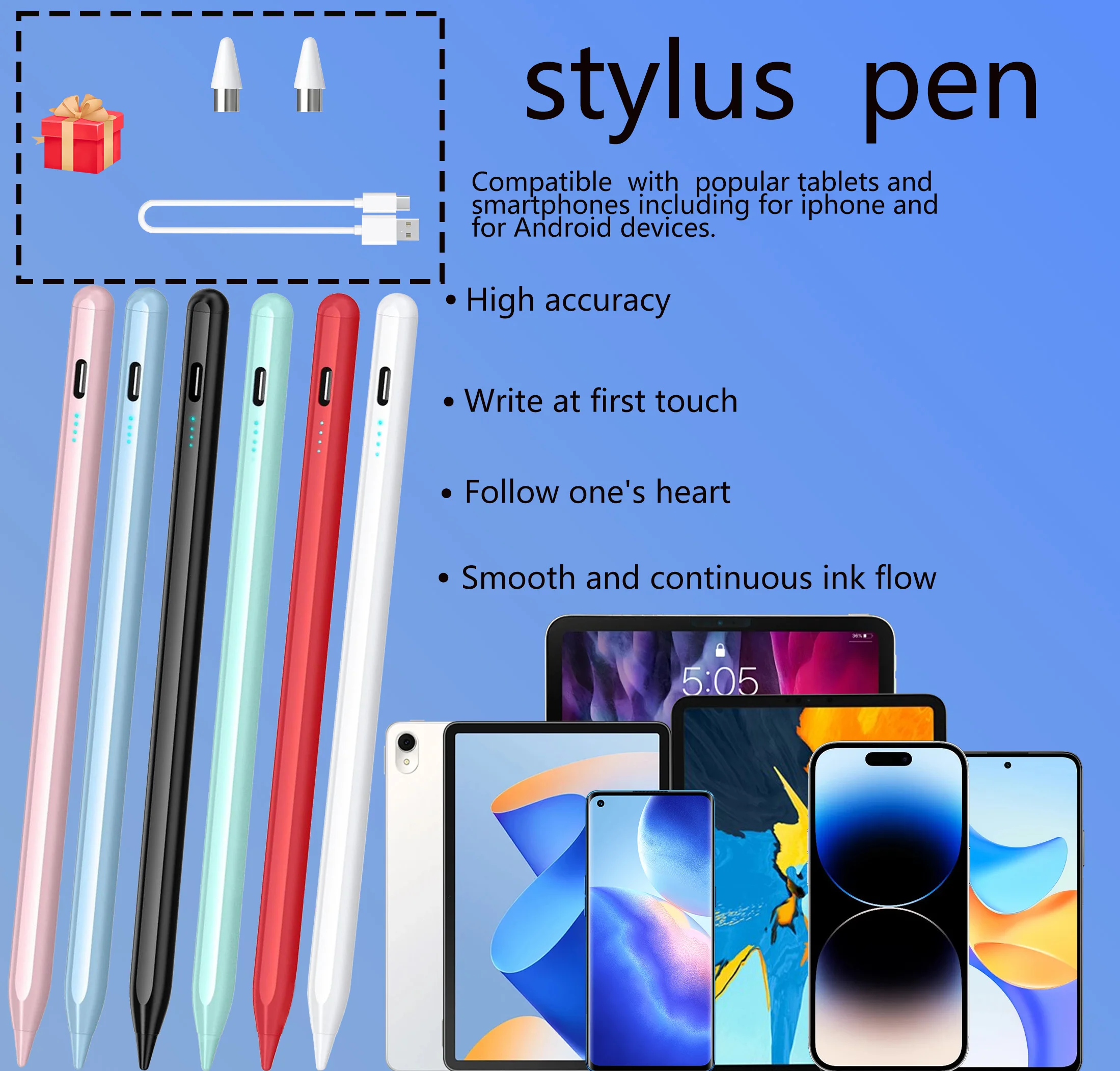 Universal Stylus Pen for iOS Android, Long Lasting Touch Pen with 2 Spare Nibs for Phone & Tablet