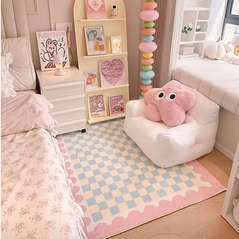 

Pink Plaid Bedroom Bedside Rugs Girl Dopamine Non-slip Plush Carpet Home Decoration Cute Living Room Rug Coffee Table Floor Mat