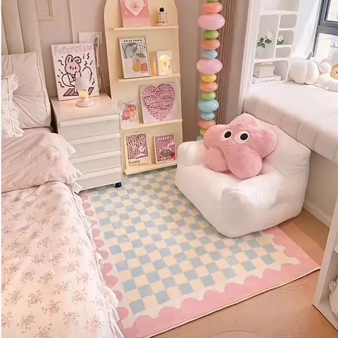 핑크 격자 무늬 침실 침대 옆 러그 소녀, 미끄럼 방지, 플러시 카펫, 홈 데코, 귀여운 거실 러그, 커피 테이블 바닥 매트