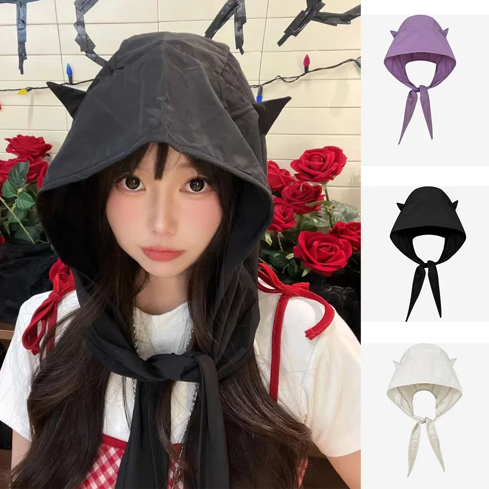 Cute Devil Corner Summer Concave Shape Quick Drying Thin Headscarf Hat Y2k Adhesive Strap Big Head Circumference Fisherman Hat