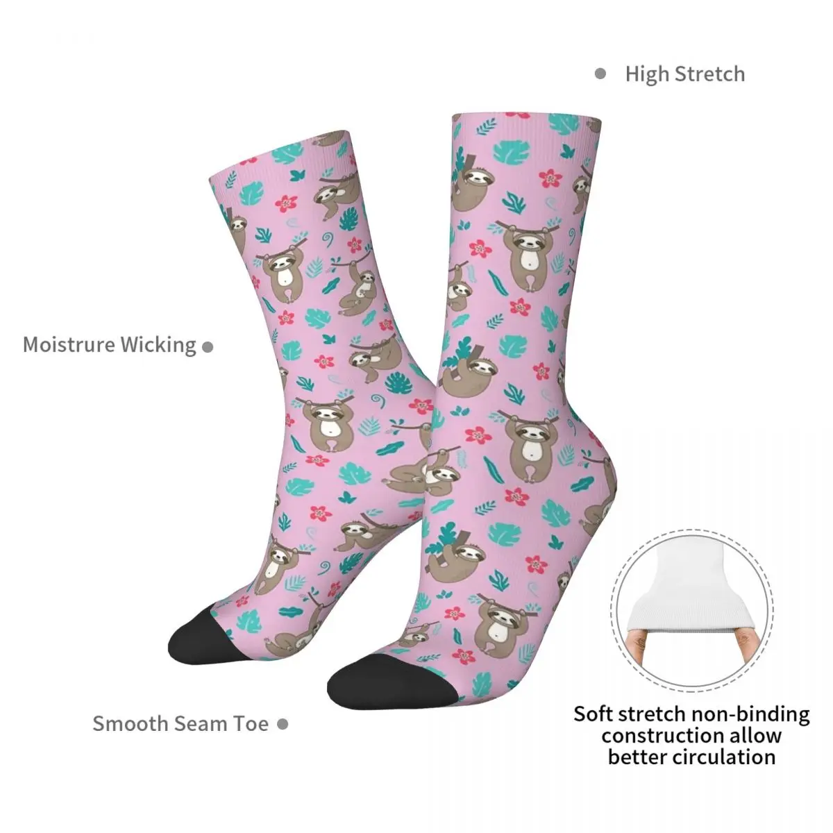 Cute Sloth Pattern Pink Socks Harajuku Sweat Absorbing Stockings All Season Long Socks Accessories for Unisex Gifts