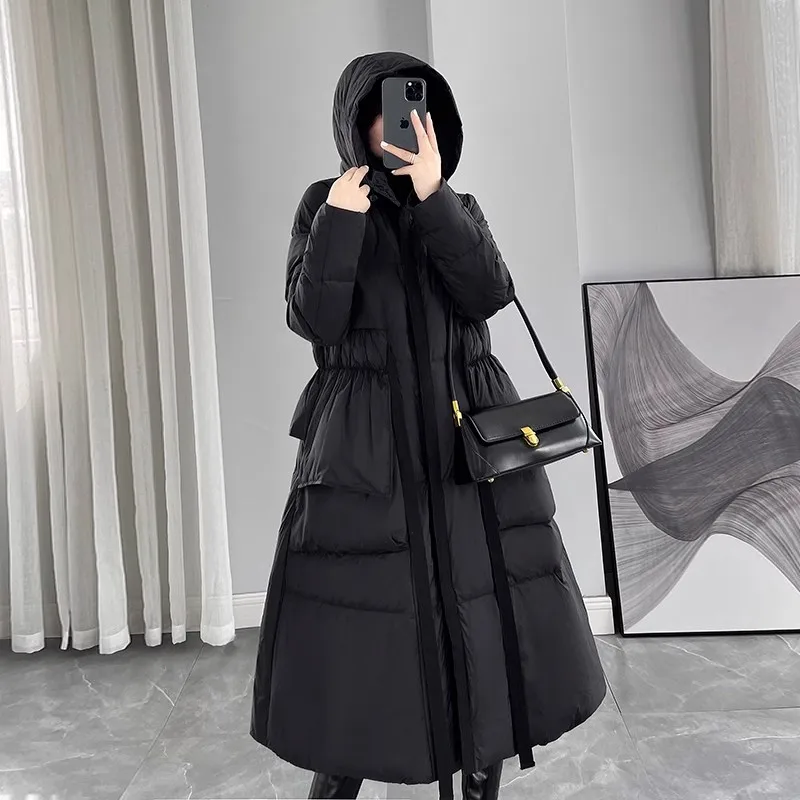 Black Hooded White Duck down Jacket Women Winter 2024 New Ladies Korea Loose Thicken Long Down Coat Female Warm Parkas Overcoat