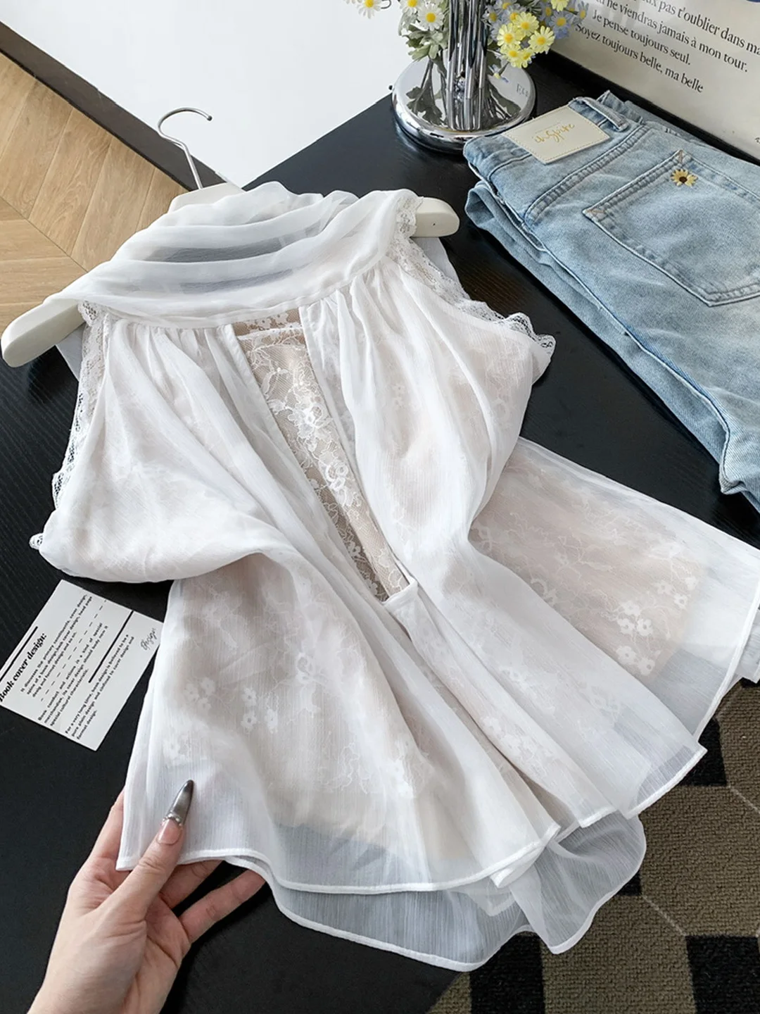 

Lace Splice Sash Sleeveless Shirt Women's Loose Neck Hanging Top Unique Beautiful New Style Korean Style Breathable Polyester