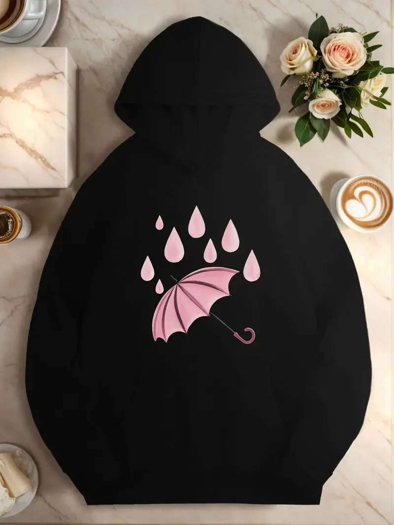 

Женская толстовка больших размеров с розовым зонтиком и каплями дождя, повседневная вязка из полиэстера с длинными рукавами и карманом-кенгуру на осень-зиму