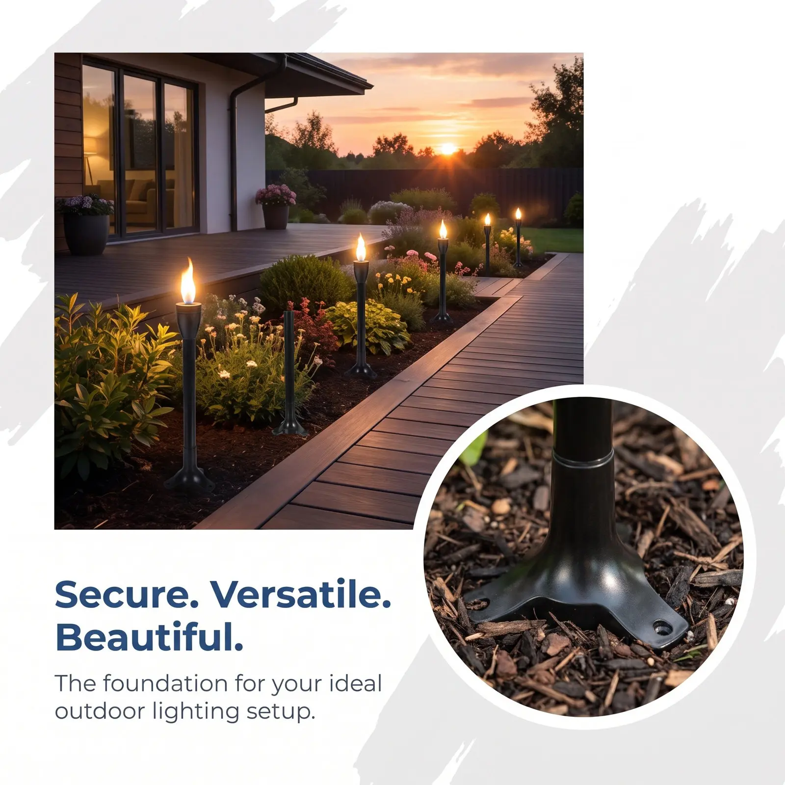 6Set Solar Light Ground Stake Replacement Garden Stable Triangular Base Torch Pole Outdoor Flame Effect Lamp Support
