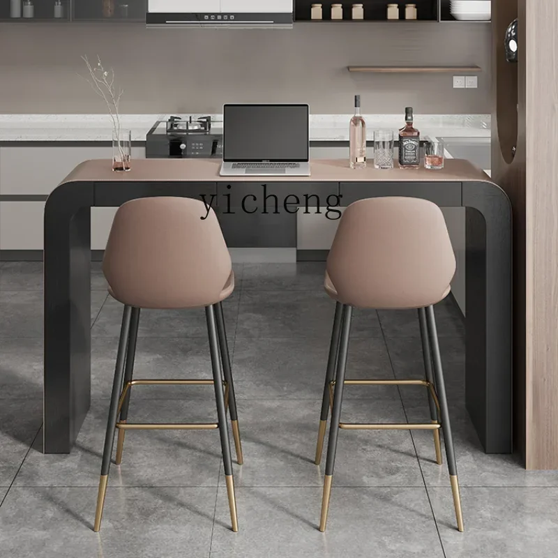 Saddle Leather Bar Counter Open Kitchen Home Bar Counter Dining Table High-End Solid Wood Table and Chair