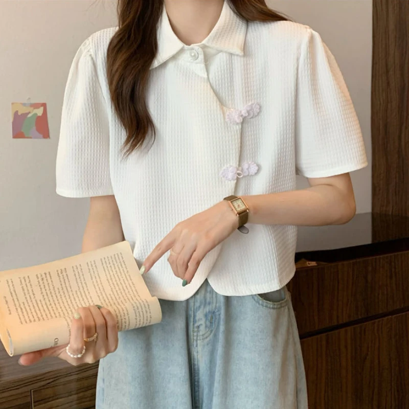 Shirts Women Summer Temper Crop Tops Irregular Solid Chinese Style Chic Fashion Gentle Casual Females Classic All-match Camisa