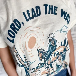 Women Jesus Christian T-Shirt Lord Lead The Way Cowgirl Desert Cactus Western Graphic Tee Shirt Retro Vintage Tshirts Cute Tops