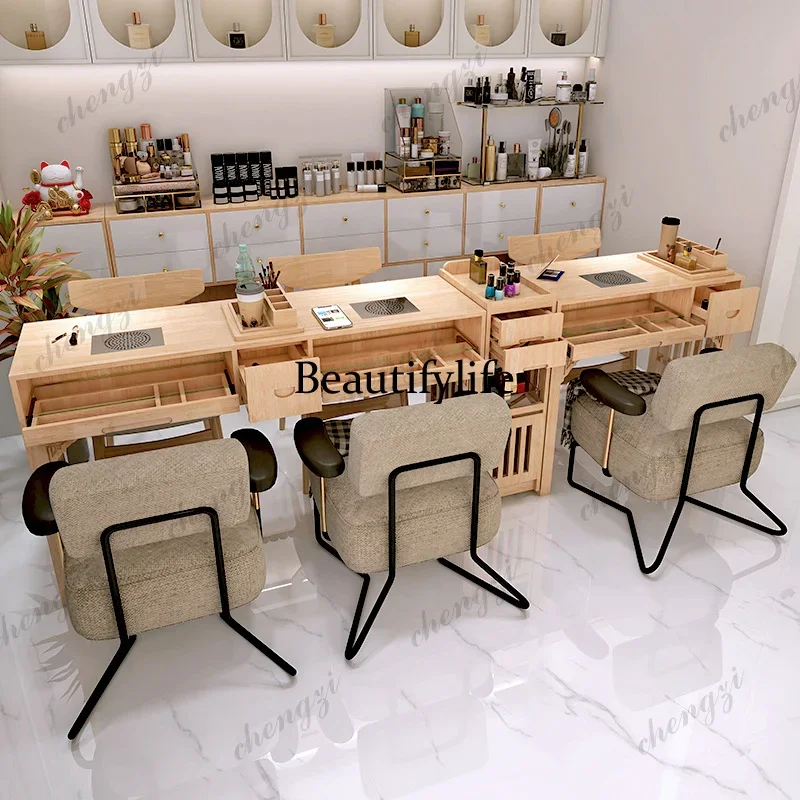 Y136  Solid wood manicure table with vacuum cleaner marble single double table and chair set for nail salons