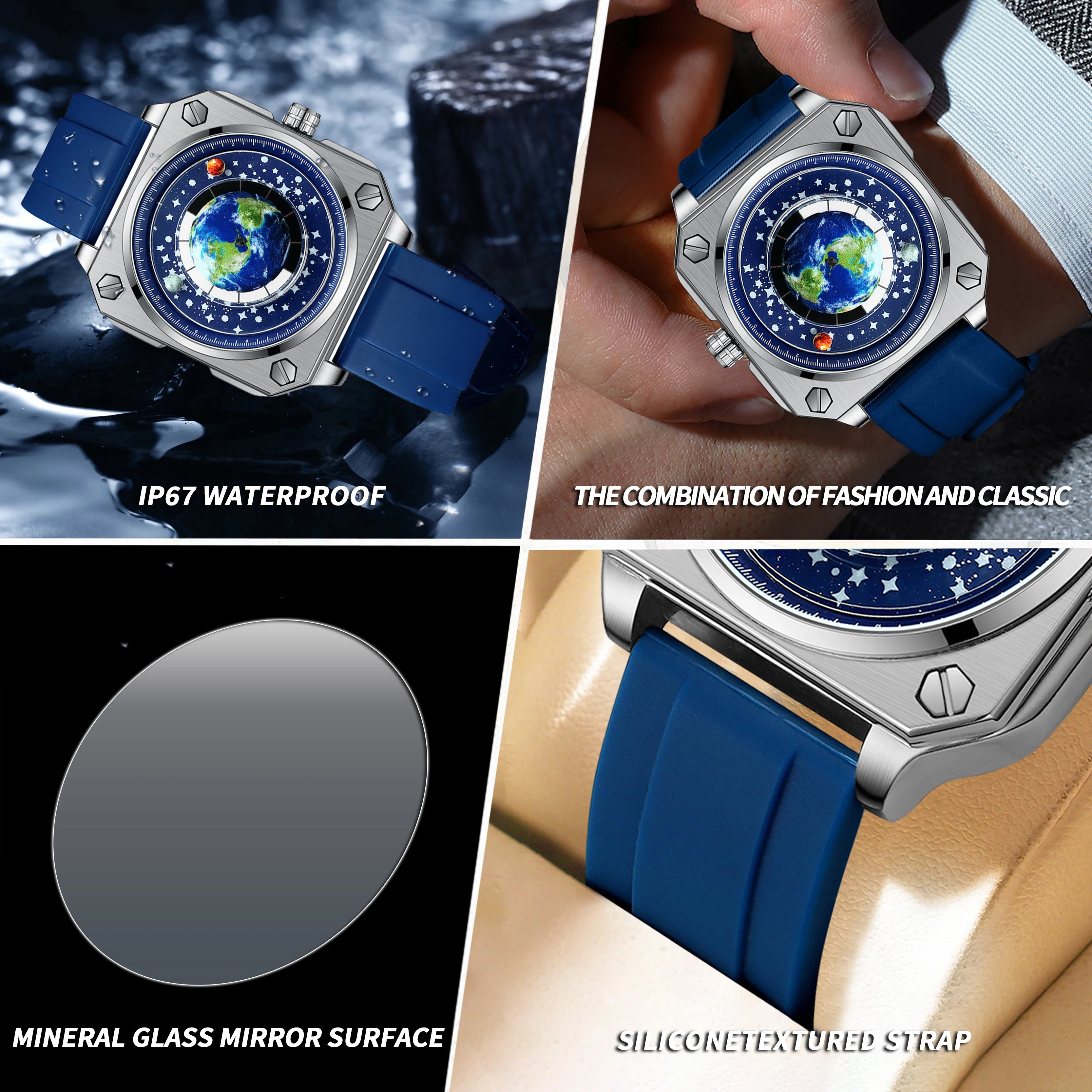 Binbond New Men's Watch Creative Cool Large Dial Moon Earth Starry Sky True Belt Quartz Watch
