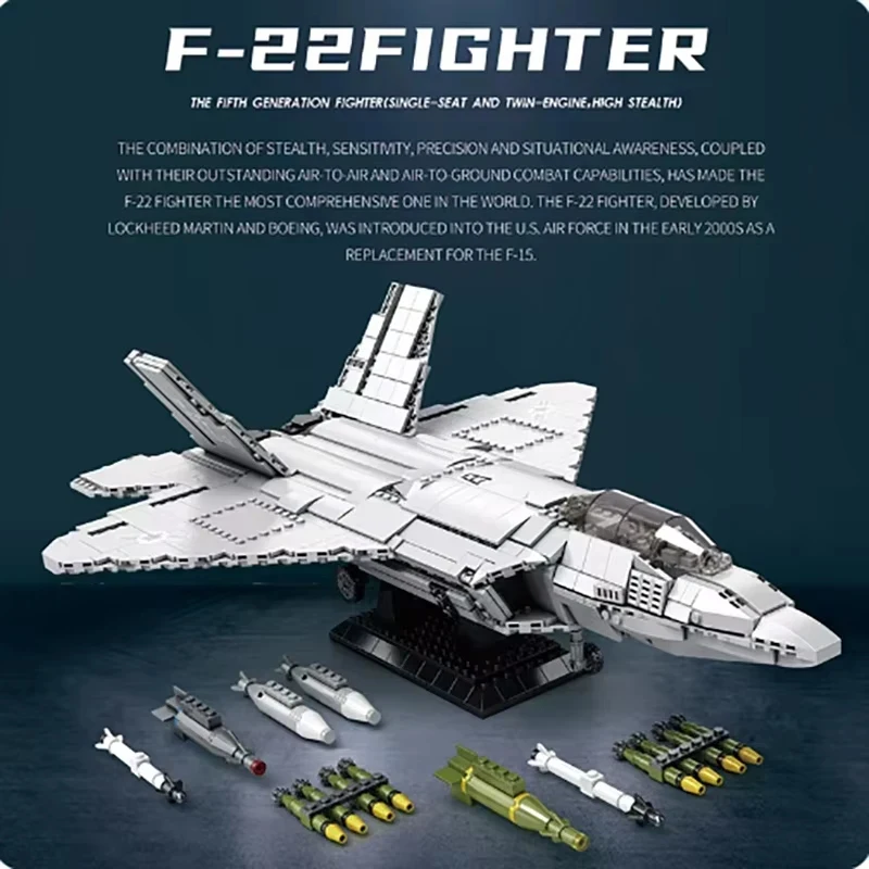F22 Fighter Jet MOC Building Block Model Kit - Desktop Decoration Military Enthusiast Toy Ideal Holiday Gift for Children