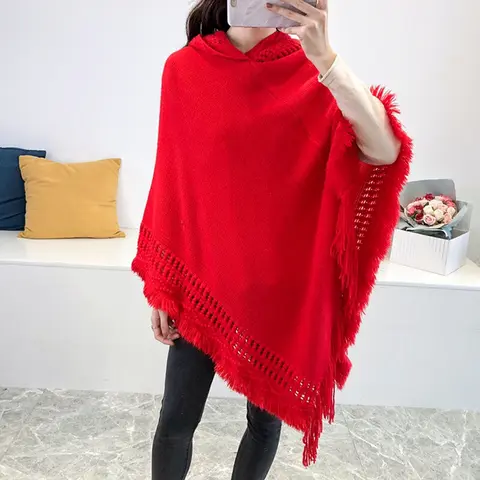 Spring Autumn New Women Winter Knit Hooded Poncho Cape Crochet Fringed Tassel Shawl Wrap Sweater Even Hat Girls Keep Warm Red P1