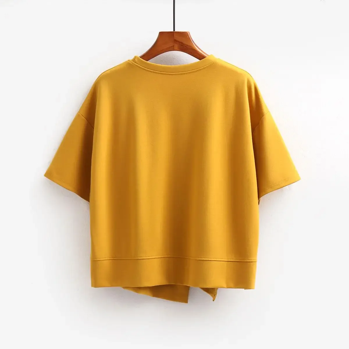 Dimanaf 2024 New Women T-Shirt Bat Female Solid O-Neck Cotton Loose Short Sleeve Buttons Big Size Tops&Tees Yellow