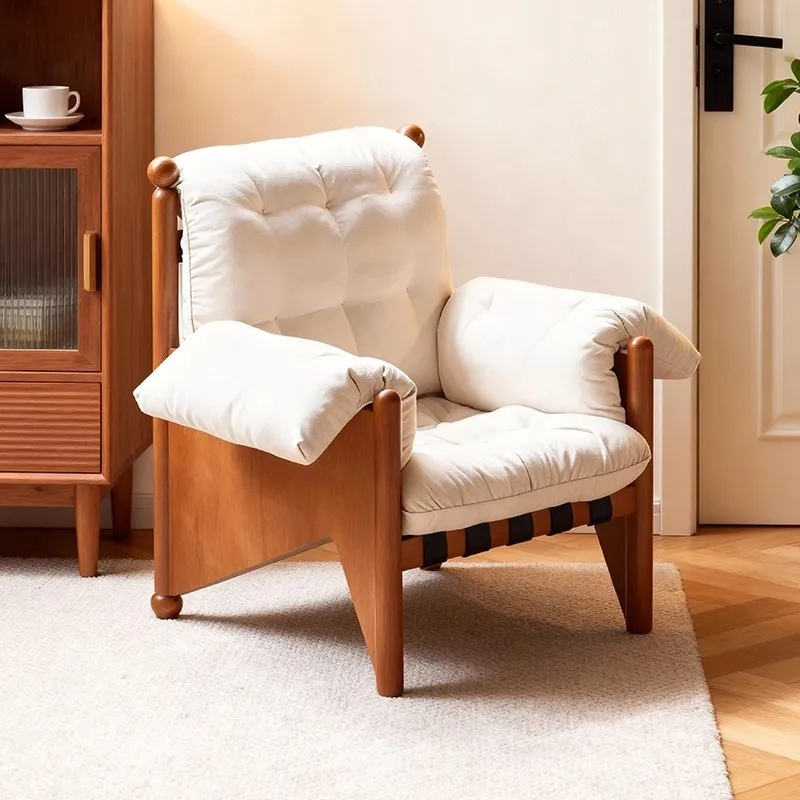 Medieval solid wood single sofa chair striped fabric designer leisure chair living room bedroom balcony bed and breakfast rest 3