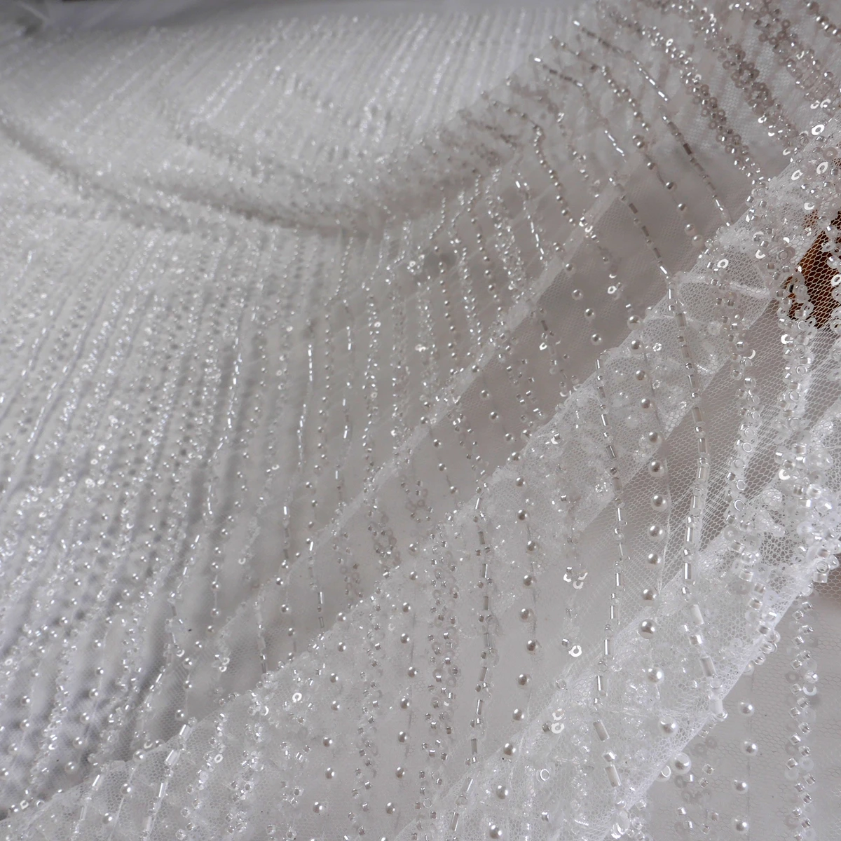 Fashion bridal lace,straight lines lace fabric White beaded wedding dress fabrics for sewing 51\'\' width 1 yard