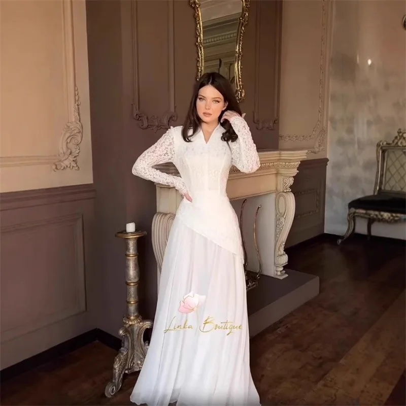 

Saudi Arabia Women Prom Dress Elegant Lace Black White A Line Full Sleeves Long Party Gown Formal Evening Birthday Guest Robe