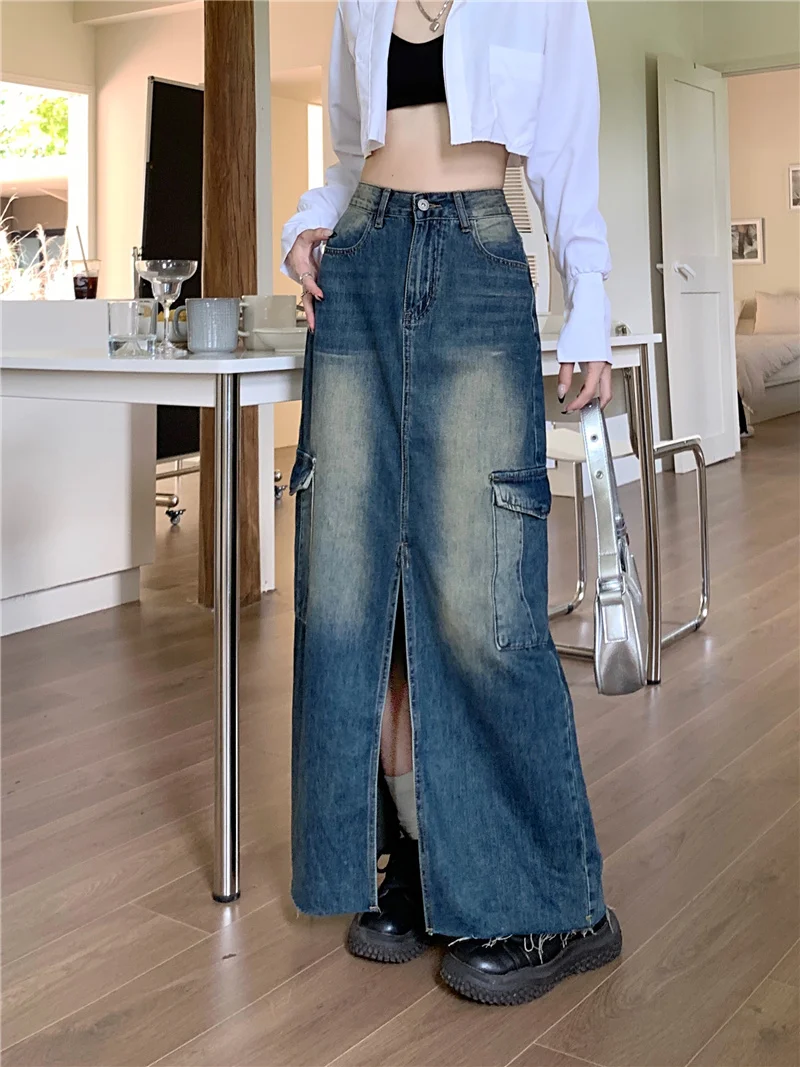 Vintage Damen Denim A-Linie lange Röcke y2k Mädchen koreanischen Stil elegante Harajuku Rock 2023 Sommer 90er Jahre Kleidung