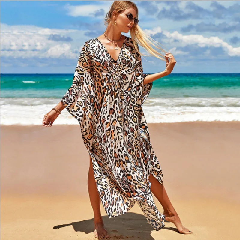 Kaftan Beach Dress Women's Plus Size Animal Print V-Neck Batwing Bathing Suit Cover-Up Loungewear