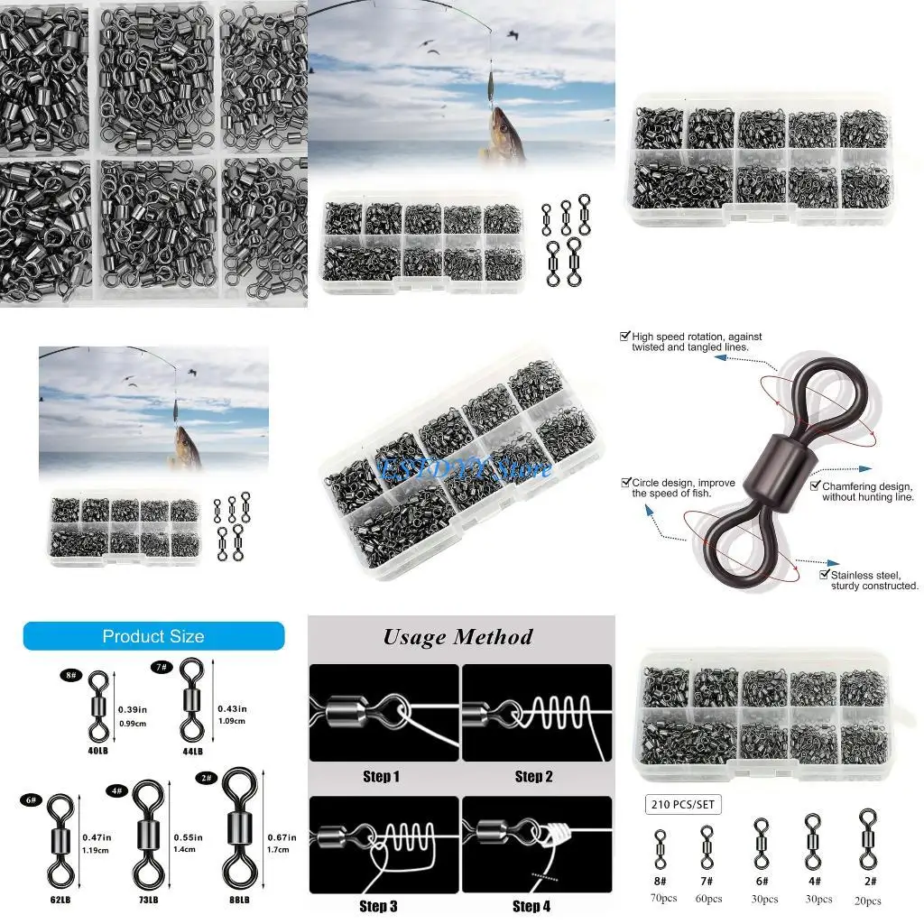

G6DE 210pack 5 Size Stainless Steel Fishing Swivels Multipurpose Rotating Hook for Saltwater Freshwaters Angling