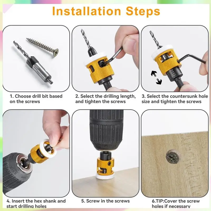 

B23B 5Pcs Countersink Drill Bits Set With Low Friction Depth Stop, With 10Pcs Replacement HSS Drill Bit,Adjustable Depth Stop