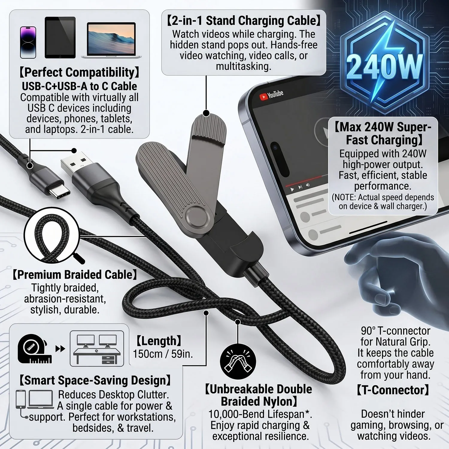 2 in 1 Fast Charging USB Cable 240W with Foldable Mobile Phone Holder for Android & iPhone A-Type C-Type Quick Charge Wire