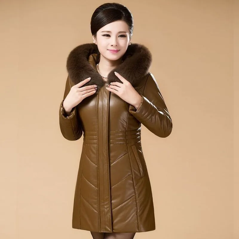 2023 Middle Aged Elderly Fur Clothing Down Jacket Women Mid Length Extra Fat Thick Coat Oversized Fur Collar Leather Overcoat