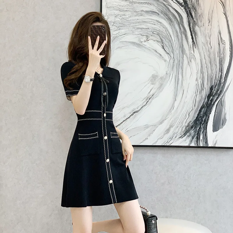 Summer Women\'s Short Sleeved Dress Elegant Fashion Casual Solid Color Skirt