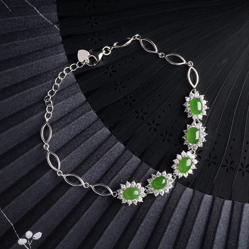

BR New Chinese Style Minimalist Ancient Wind 925 Sterling Silver Inlaid Nephrite Egg-Shaped Beaded Bracelet -Gift for Girlfriend