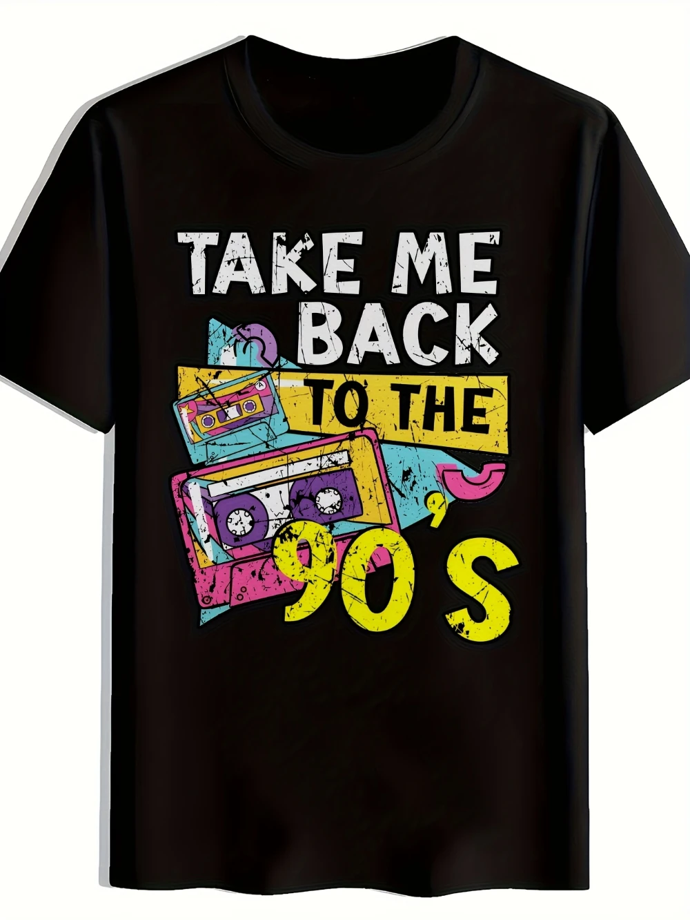 80s and 90s cassette tape pattern T-shirt, taking me back to the 90s, retro music theme, loose crew neck short sleeve