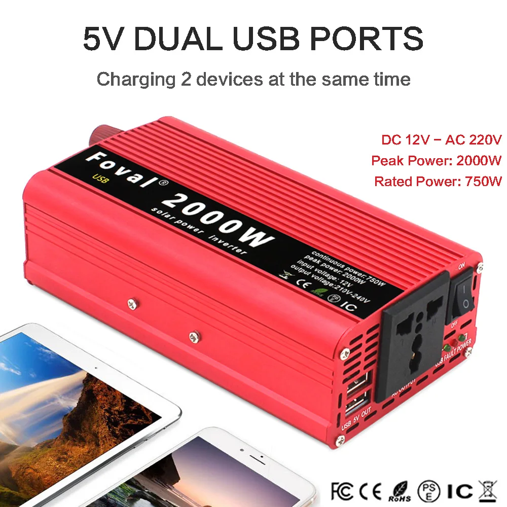 2000W Power Inverter DC 12V To AC 220V Car Adapter Converter Modified Sine Wave 50Hz/60Hz Dual USB Universal Socket Inverter