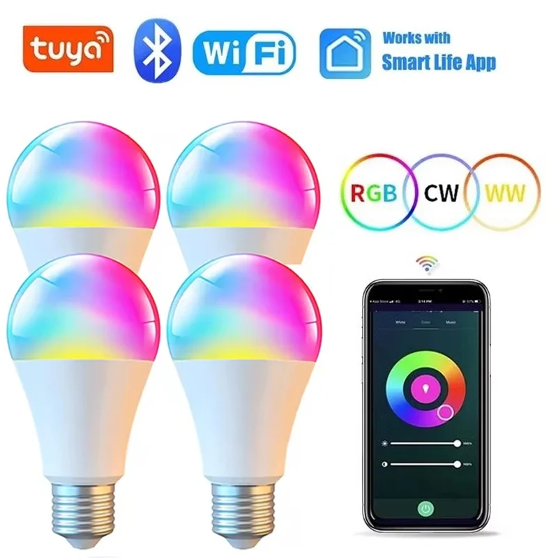 Smart LED Bulb Dimmable 15W 18W E27 B22 110V 220V RGBCW Color Change Lamps Smart Life App Group Control Music Rhythm Timing Home