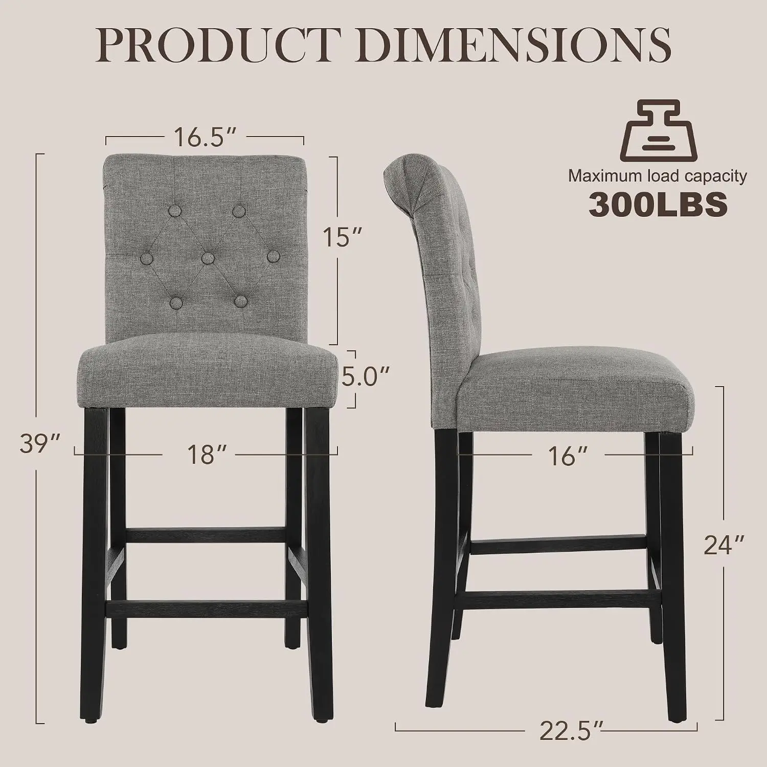 24inch Counter Height Bar Stool, Set of 4 Counter Height Chairs for Kitchen Island Upholstered Back Bar Chairs Fabric Barstool w