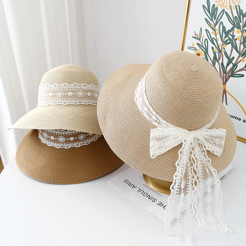 

Women's Hat For Summer Straw Sun Hat Breathable Lace Bow Sun Protection Beach Travel Simple Accessories Korean Style Sunhat New