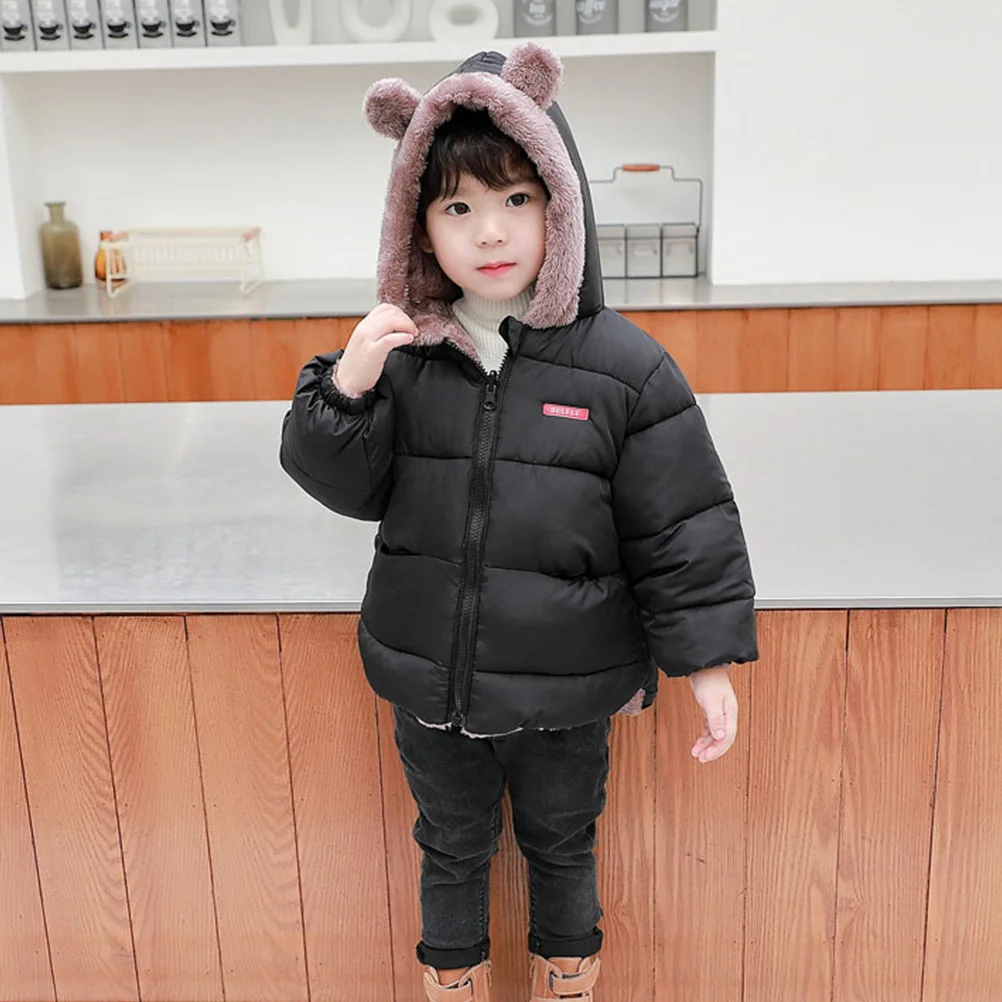 

1Pcs Kids Winter Coat Warm Thickened Cotton-Padded Jacket with Hood Ear Decor Elastic Cuffs for Boys Girls Daily Wear School