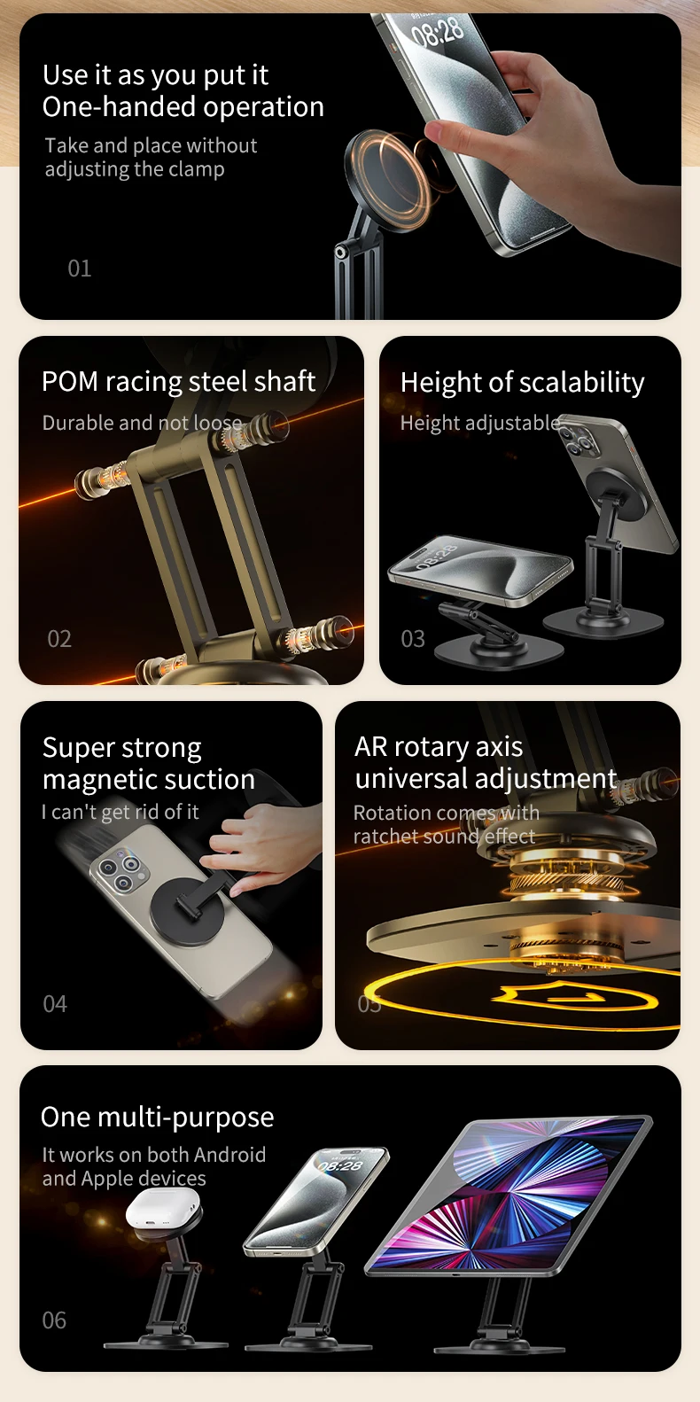 ZEKA Metall-Schreibtisch-Telefonhalter N52 Magnetisch Faltbar 360° ° Drehbarer Ständer für iPhone MagSafe iPad Tablet – Detail 2