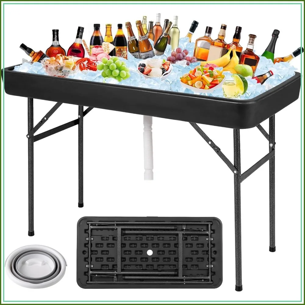 Folding Ice Cooler Table with Skirt Drain Hose Bucket Portable Buffet Server White