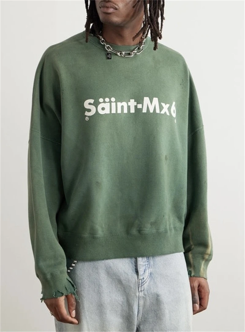 SAINT Vintage Letter Printed Washed High-quality Round Neck Hoodie High Street Casual Loose Cotton Trendy Fleece Solid Color Top