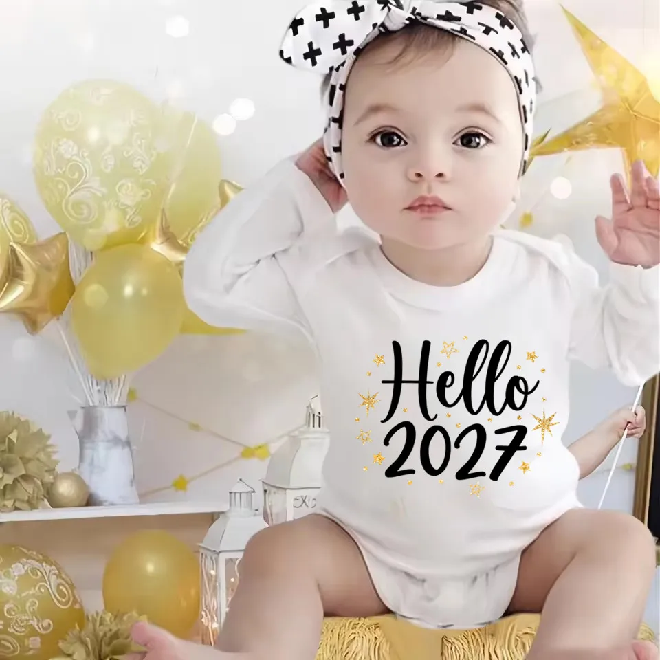 Hello 2027 Baby Bodysuit Long Sleeve Newborn Infant Romper Gold Star Print Baby Jumpsuit New Year Holiday Outfit 0-24M