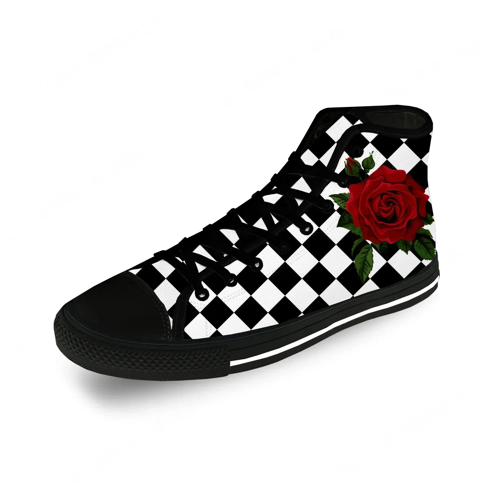 Black And White Square Rose Flower Casual Cloth Fashion 3D Print High Top Canvas Shoes Men Women Lightweight Breathable Sneakers