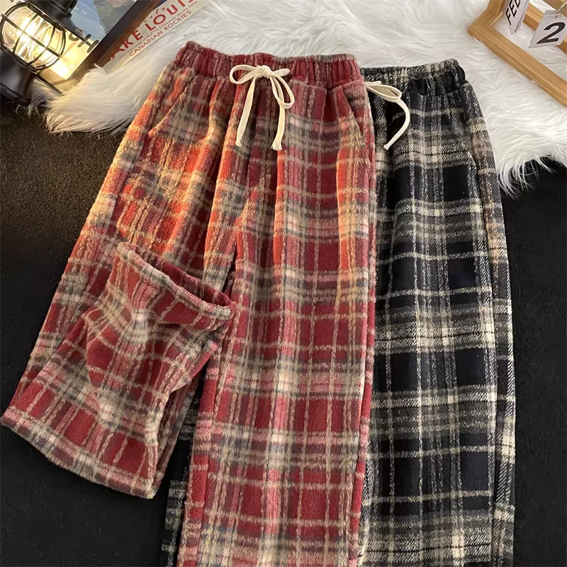 Karierte Damenhose, drapierter gerader Beinschnitt, lässig und geeignet für zierliche Figuren, Retro-Wollhose mit weitem Bein