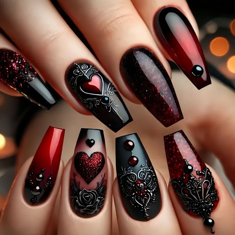 

24PCS Dark Red French Ballet False Nails with Glue Spice Girls Sweet Heart Roses Patterns Long Coffin Press on Nails Full Cover