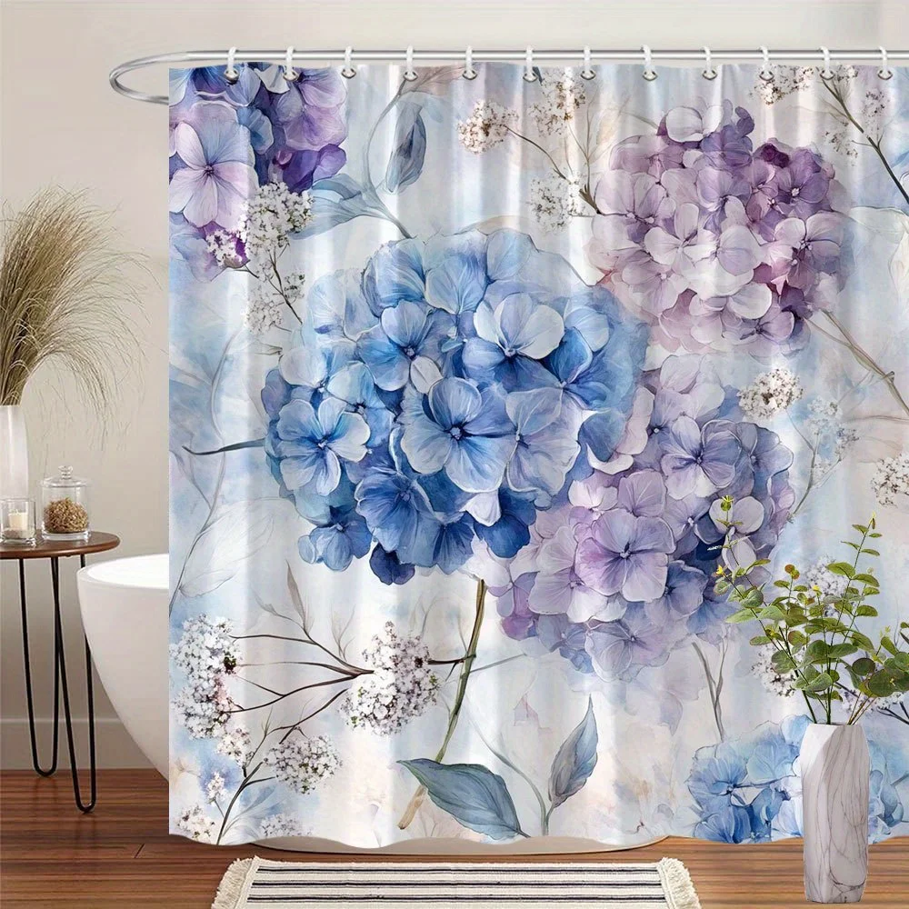

1 элегантная занавеска для душа с гортензией — синий, фиолетовый и белый акварельный дизайн с крючками, полиэфирная ткань, можно стирать в машине