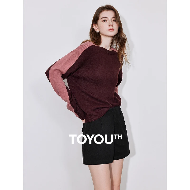 TOYOUTH Women Pullover Sweater 2024 Autumn and Winter New Contrasting Color Retro Plum Red Round Neck Woolen Knitted Tops