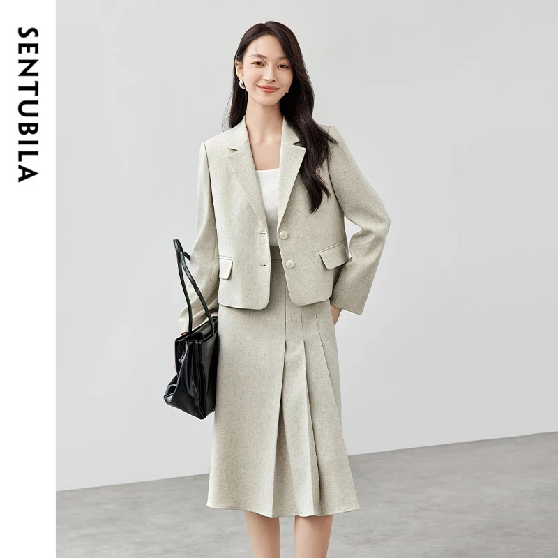 SENTUBILA Women Commute Blazer Skirt Suits Work Wear 2 Piece Outfits 2024 Autumn Linen Blend Cropped Blazer Skirt Sets 143Z56734