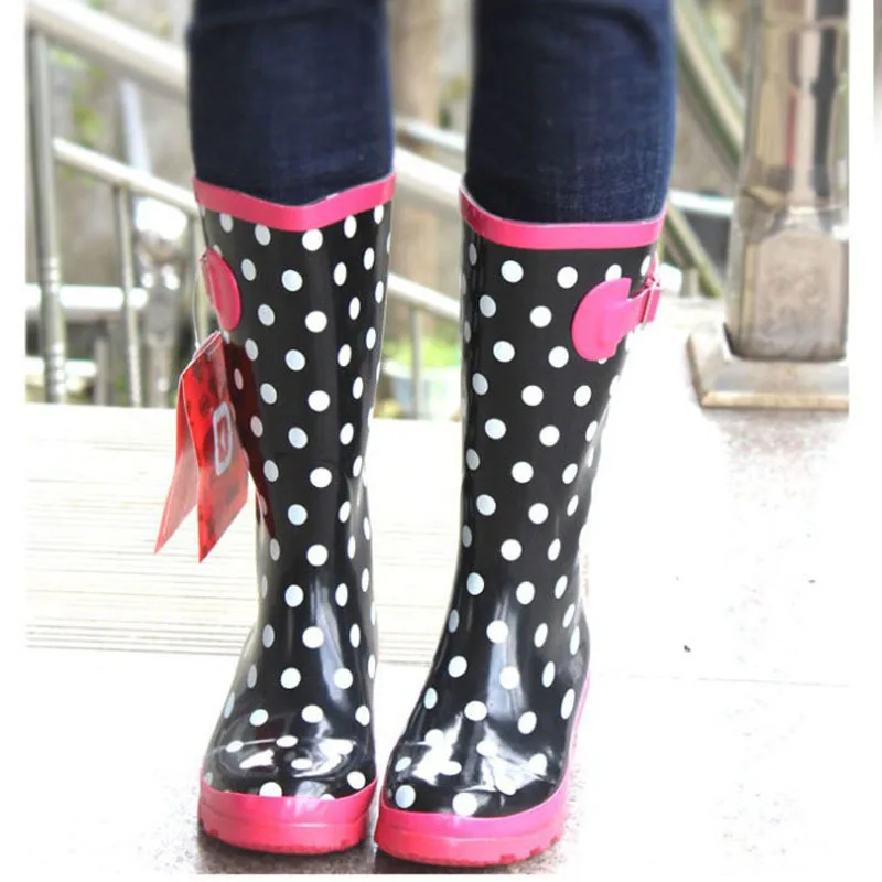 Fashionable British Style High Tube Women's Large and Small Round Dot Rain Boots Rain Shoes Water Shoes and Water Boots